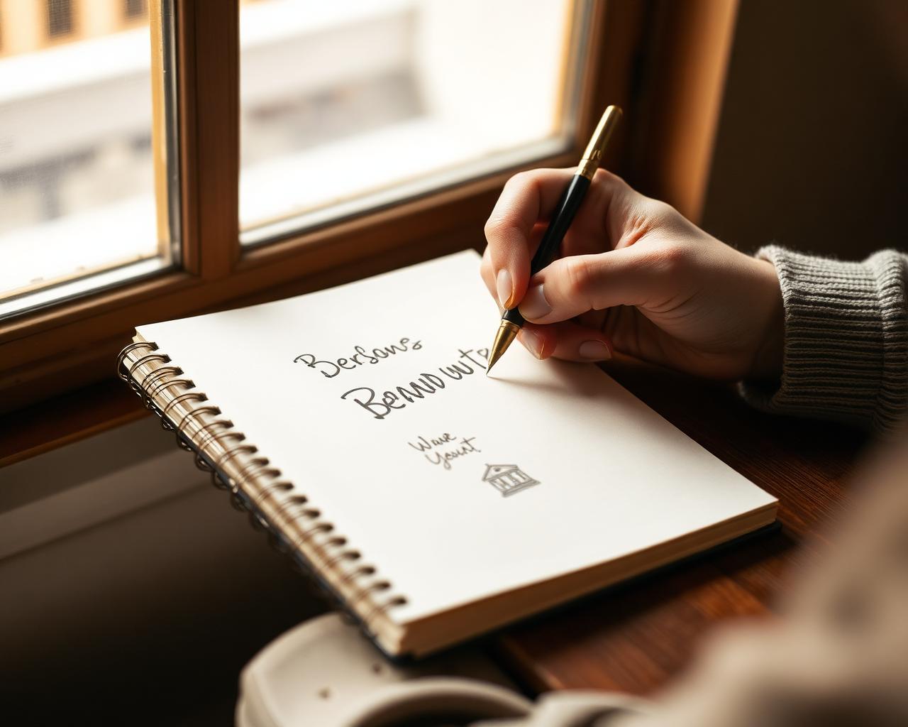 Hands sketching brand identity in a notebook by a window